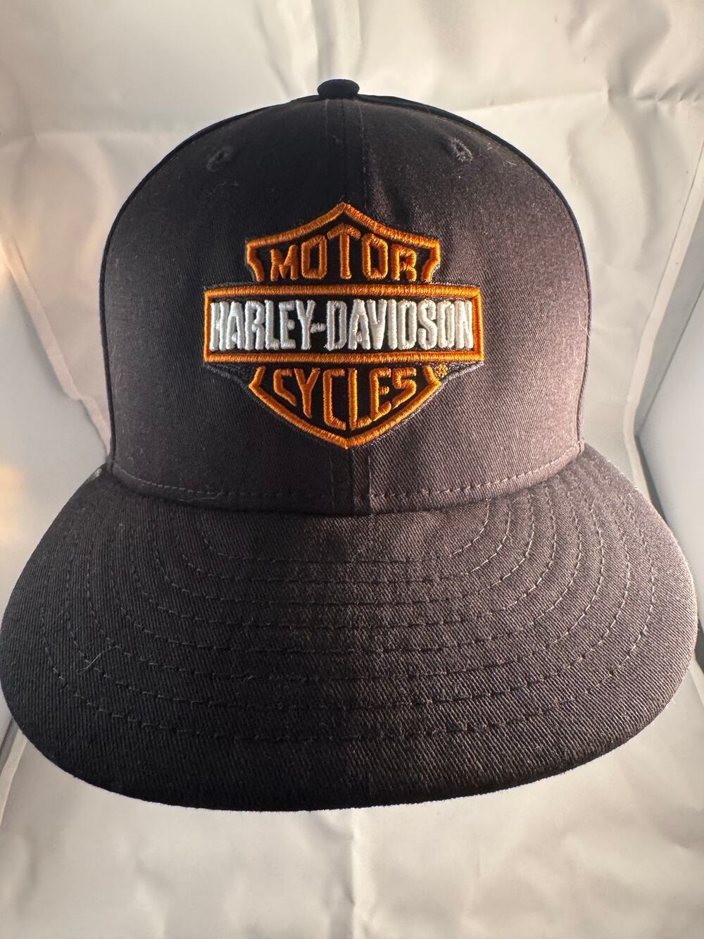 Harley Davidson New Era 59FIFTY Fitted Hat 7 3/8 Black Orange Bar Shield Cap